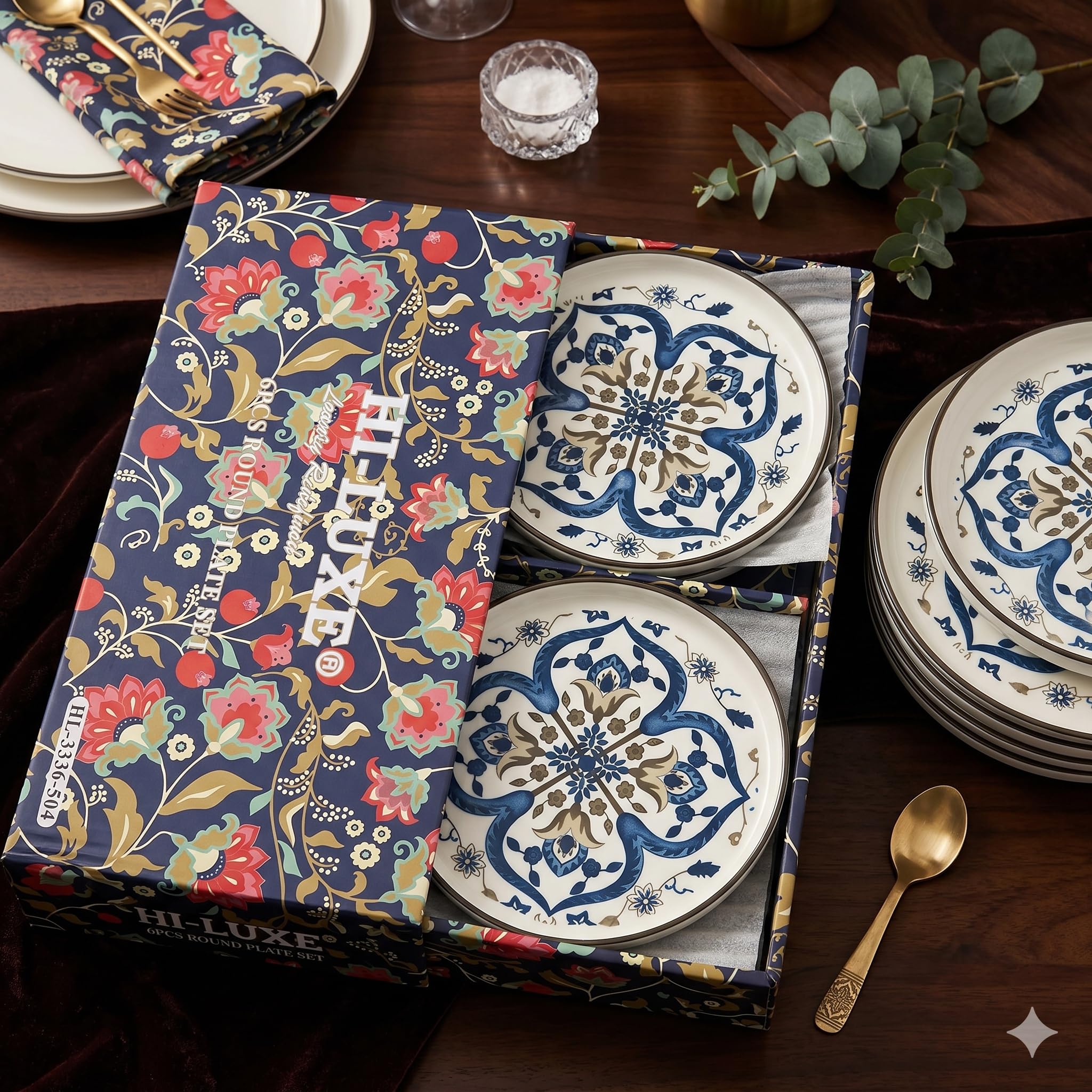 HI-Luxe® 6 Pcs Round Plate Set, Blue and White Floral Mandala Design, Luxury Dinnerware Gift Set-image-19