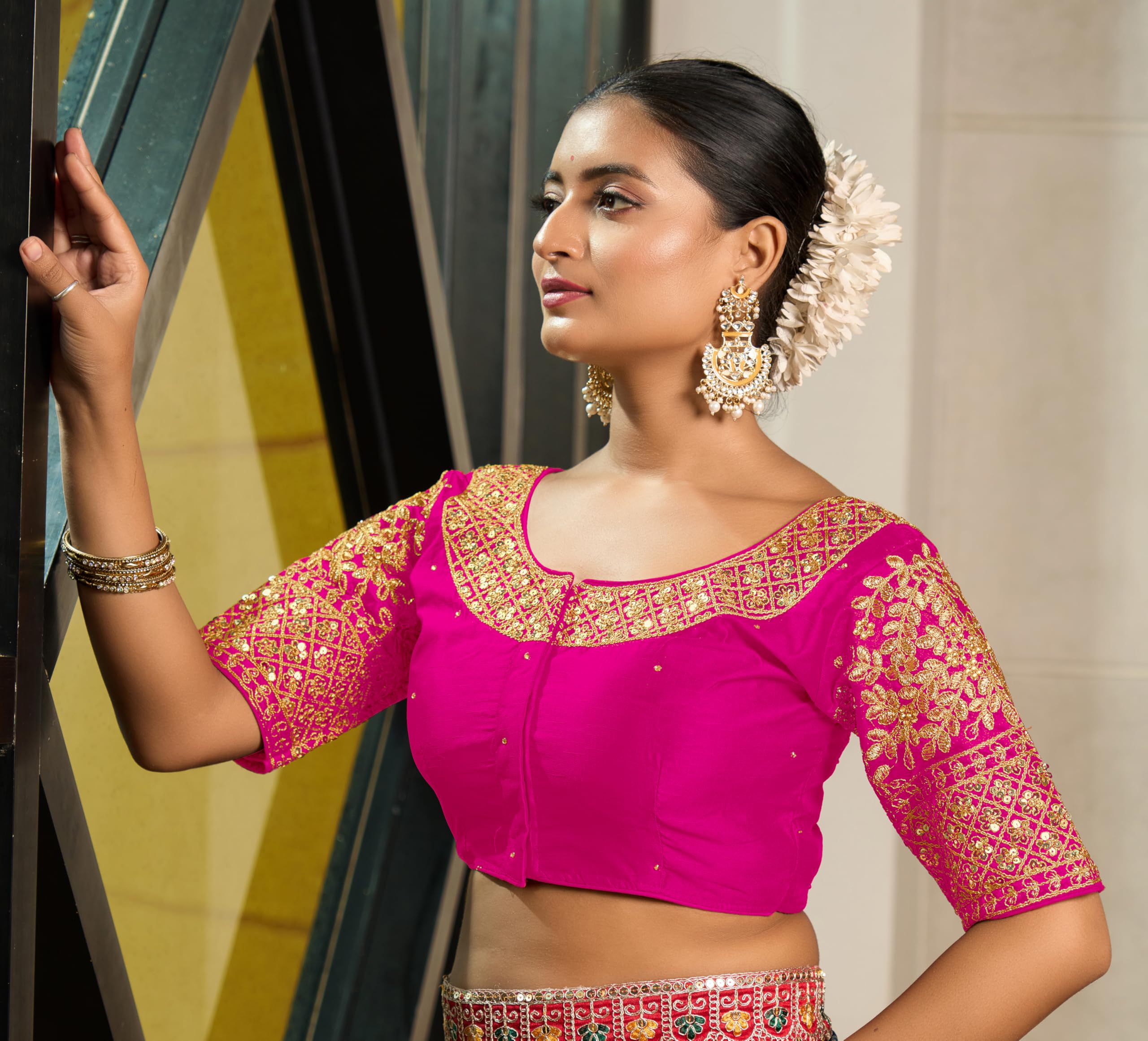 Pujia Mills Women's Heavy Embroidery Coding With Sequins Work Half Sleeves Fancy Readymade Saree Blouse (Pink, 38)