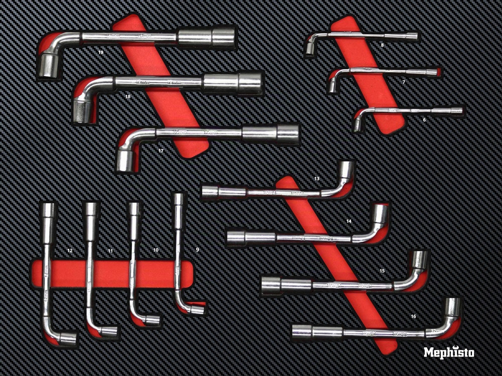 Mephisto Kit d'outils Pro Line - Insert pour chariot d'atelier - Jeu de clés à tête de pipe - Double jeu de clés à douille hexagonales - 14 pièces - Avec incrustation souple aspect carbone