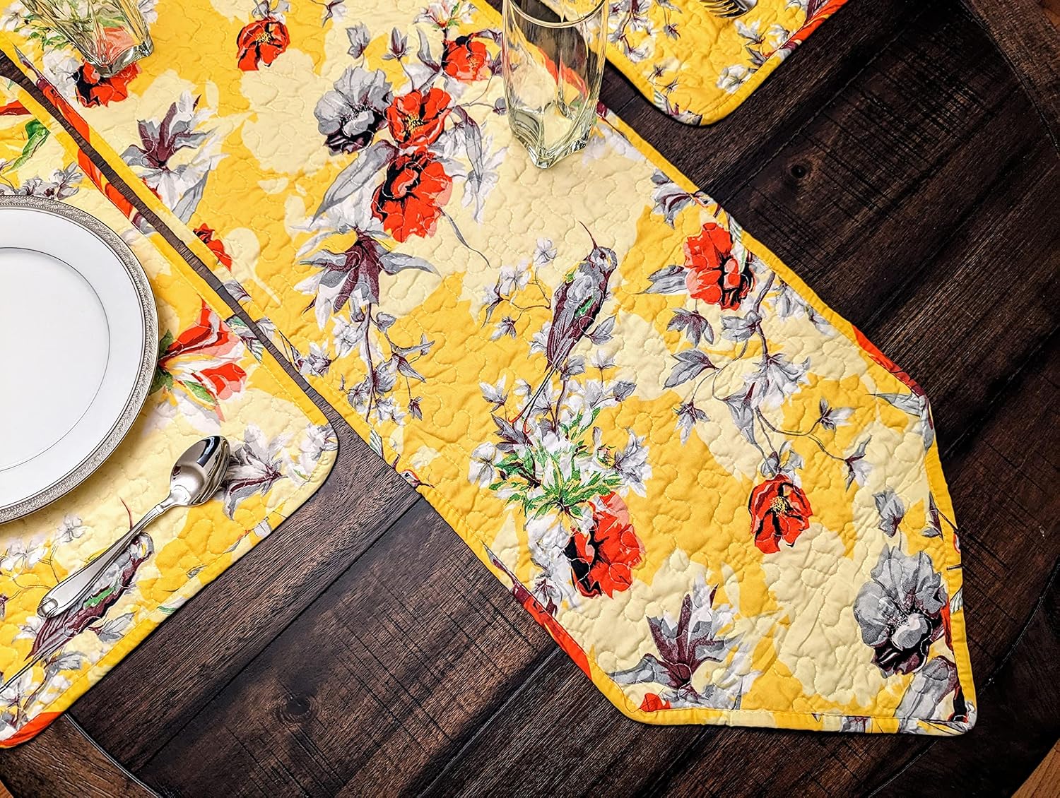 DaDa Bedding Quilted Golden Yellow Floral Table Runner - Radiant Sunshine Spring Hummingbirds Elegant Colorful Red Poppy Flowers Napery - Vintage Farmhouse Dining Table Mats Home Décor - 13" x 90"