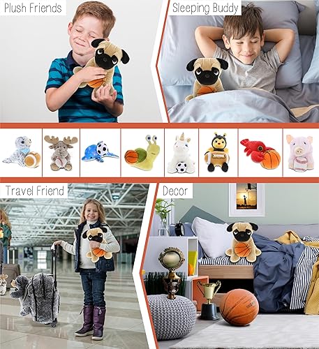 Miniatura 4 de DolliBu Peluche de perro Pug con felpa de baloncesto, perro carlino suave y abrazable, adorable juguete de peluche, juguete de peluche personalizado