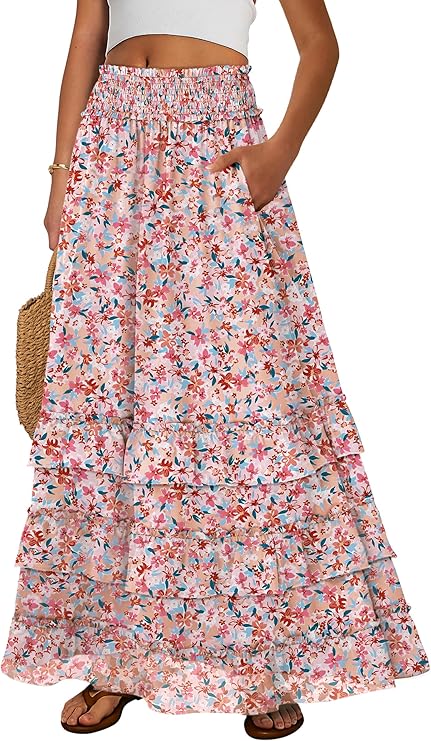 ANRABESS Maxi Skirts for Women Summer Boho Tiered Flowy Elastic High Waist Beach Long Skirt Casual Spring Vacation Outfits