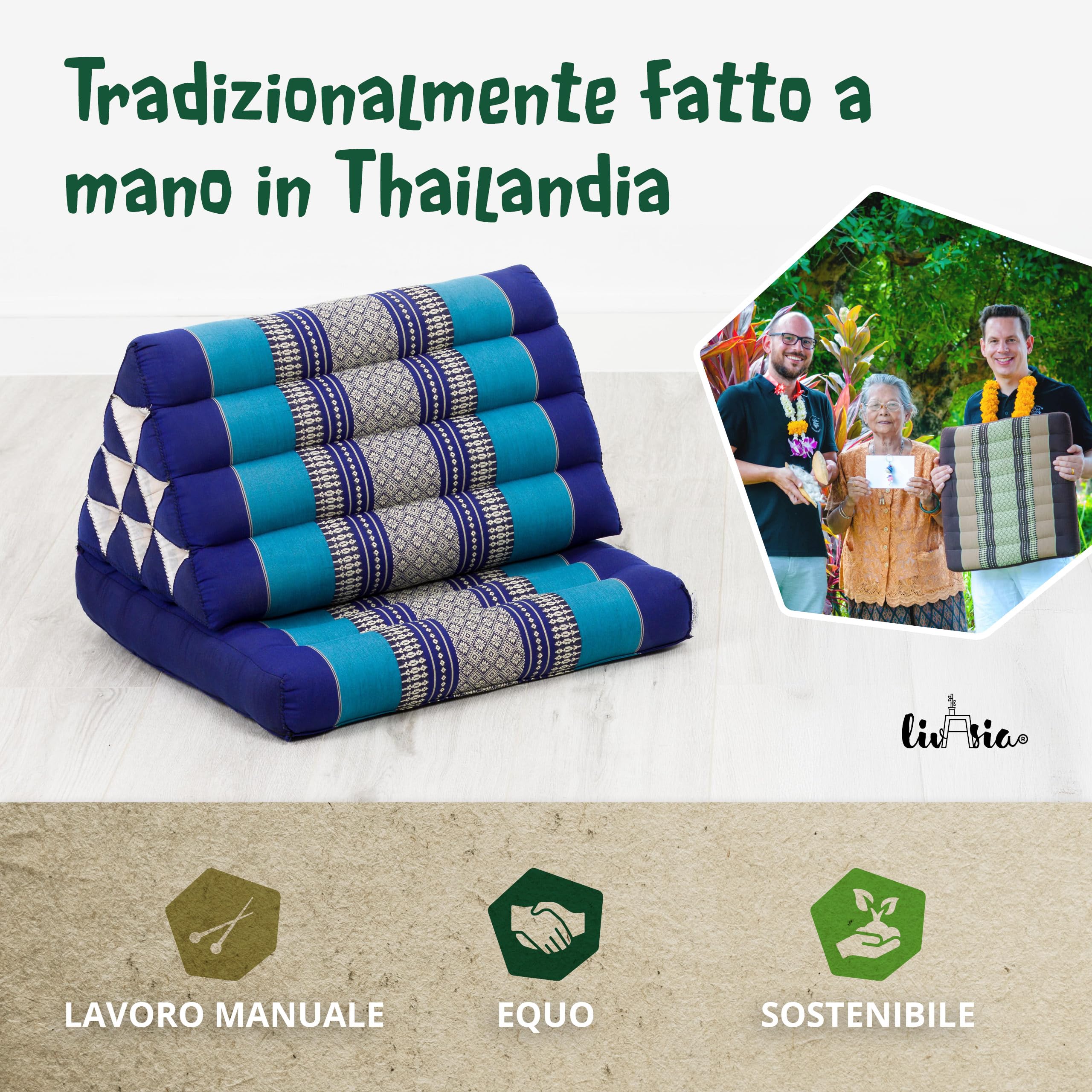livasia cuscino thai 1 segmento - 75x50x8cm - cuscino triangolare per sedersi, cuneo kapok, supporto lombare pieghevole, materassino thai, fatto a mano (Blu)