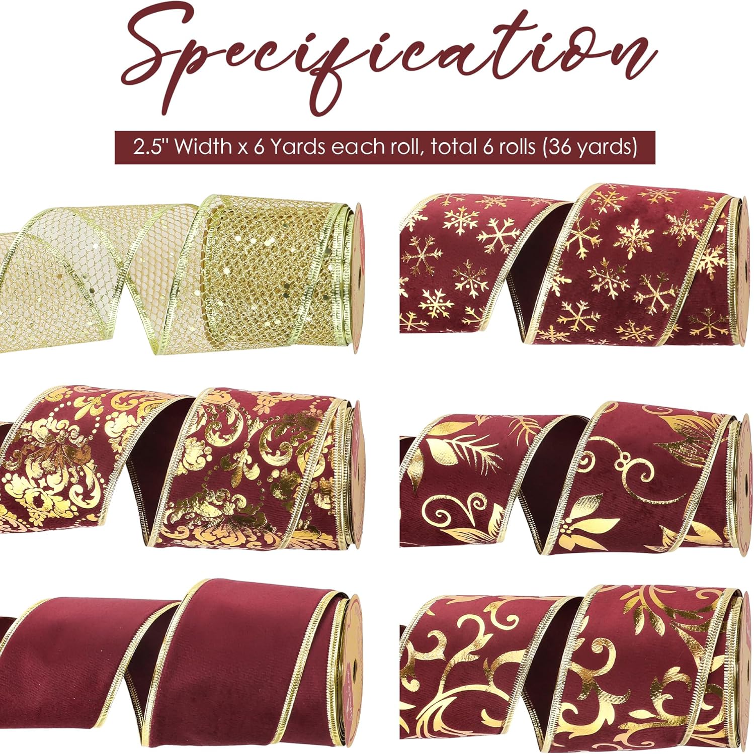 AIMUDI Burgundy Christmas Velvet Ribbon 2.5" Burgundy and Gold Wired Ribbon for Christmas Trees Wreaths Gift Wrapping Garlands Crafts Topper Bow - 6 Rolls 36 Yards