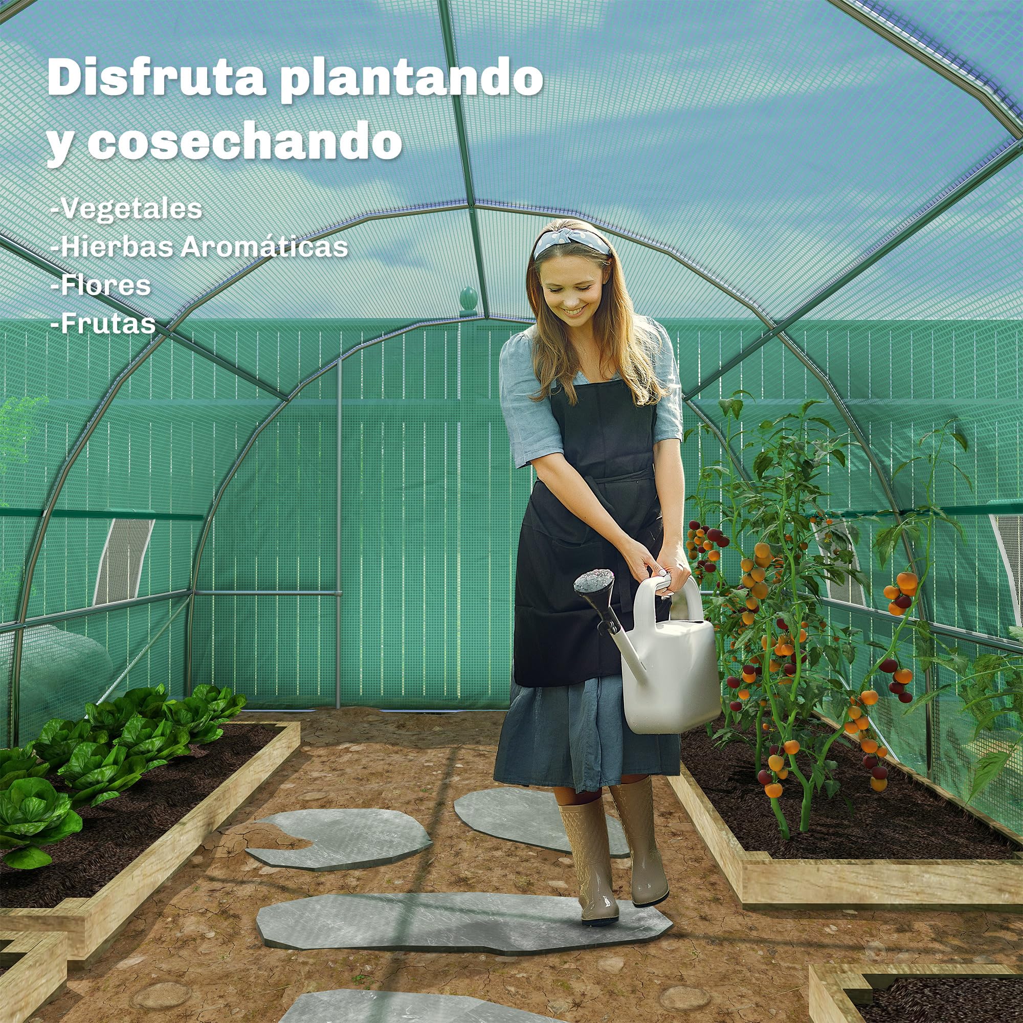 Outsunny Invernadero de Exterior Invernadero de Túnel 8x3x2 m Invernadero de Jardín con 12 Ventanas y Puerta Enrollable para Cultivo Plantas Tomates Verduras Acero y PE 140 g/m² Verde