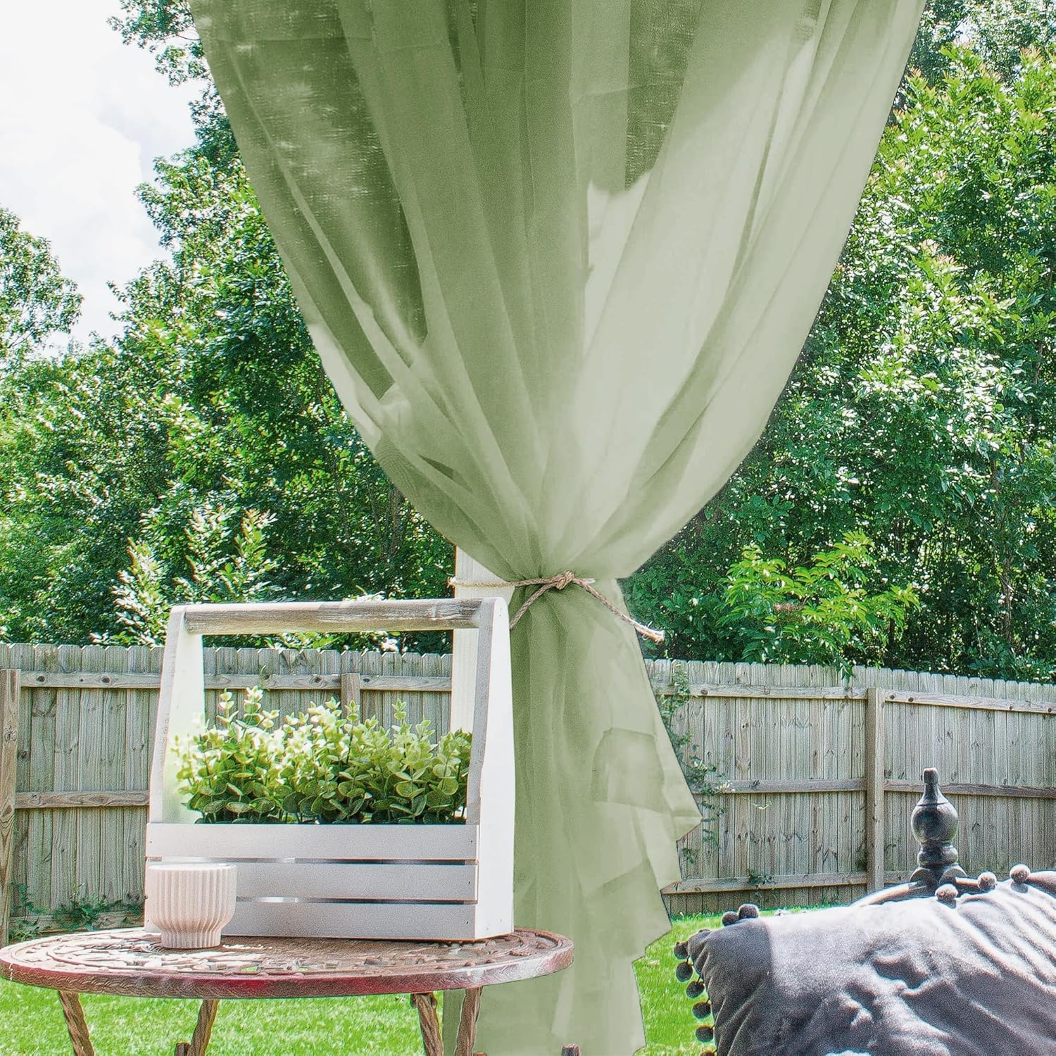 Outdoor Sheer Curtains for Patio Waterproof, 2 Panels Rod Pocket Indoor/Outdoor Voile Sage Green Sheer Curtain for Pergola, Porch, Cabana and Gazebo，52 x 108 Inch