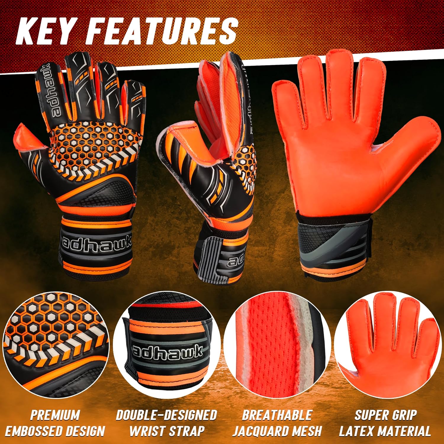 Adhawk Goalkeeper Gloves - Premium Quality Latex Palm with Finger Spine Protection & Double Layer Wristband - Premium Designed Goalie Gloves for Kids, Youth and Adult - Image 4