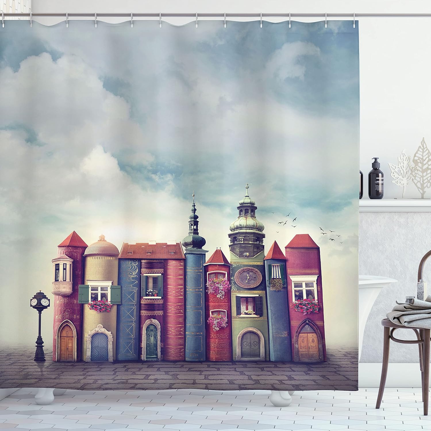 Ambesonne Fantasy Shower Curtain, City with Old Books Style Buildings Birds and Cloudy Sky Literature Cityscape, Cloth Fabric Bathroom Decor Set with Hooks, 69" W x 84" L, Red and Blue