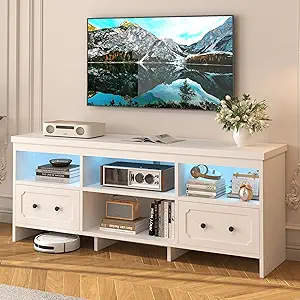 IRONCK TV Stand for 65 Inch TV, 63" LED Entertainment Center with Storage Cabinets, Power Outlets and Open Shelf, Media Console TV Cabinet with Drawers for Living Room, White