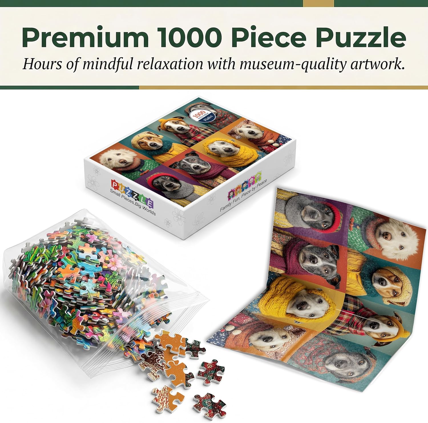 Puzzle 1000 Pieces, Jigsaw Puzzles for Adults and Family, Funny Holiday Winter Dogs in Cozy Sweaters Hats Collage,Challenging for Dog Puppy Lovers