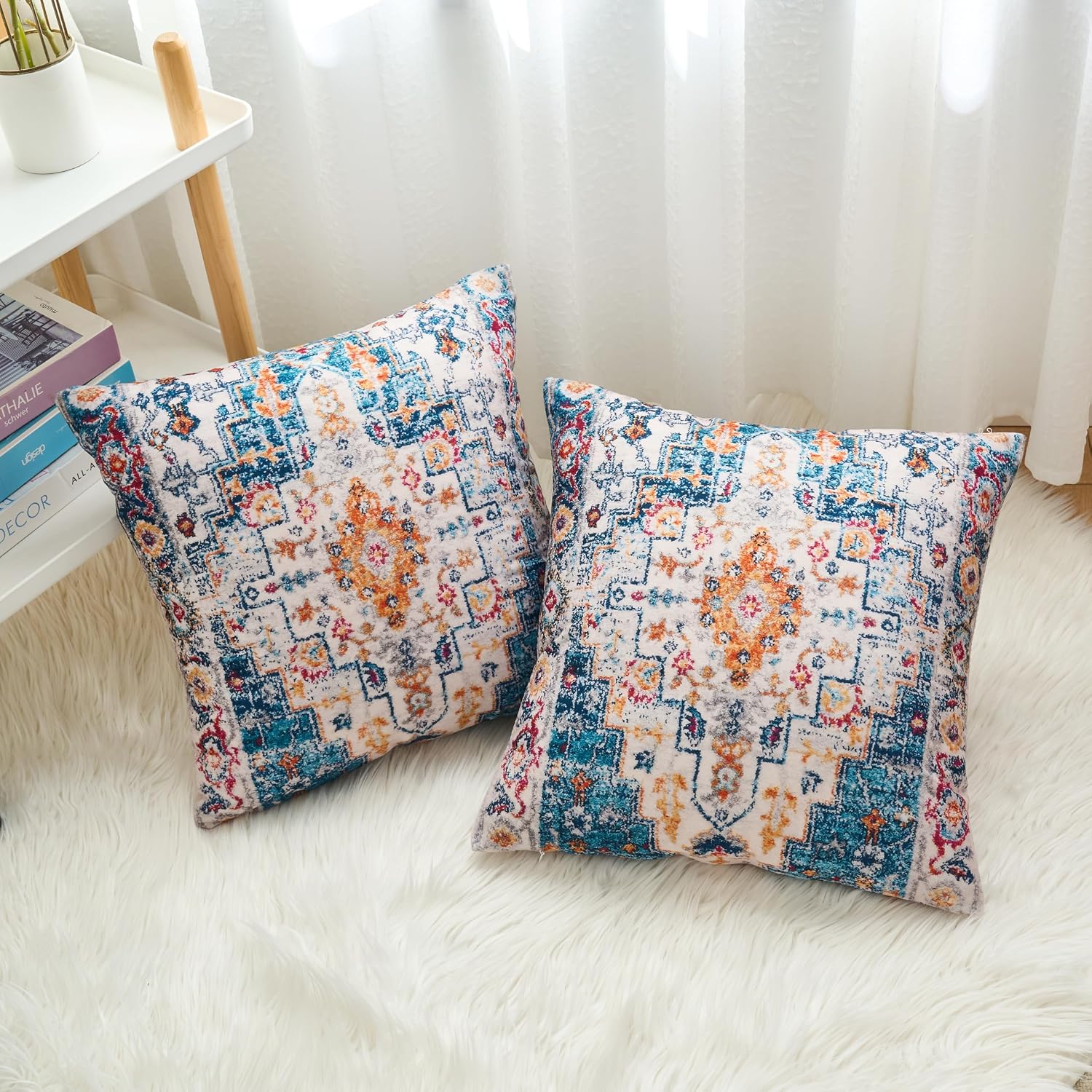 Boho Throw Pillow Covers 16x16 inch Set of 2,Boho Vintage Carpet Pattern Antique Ethnic Decor Double Sided Pattern Cushion Cover Soft Pillow Case Living Sofa Room Bed Square Pillow Cover image 5