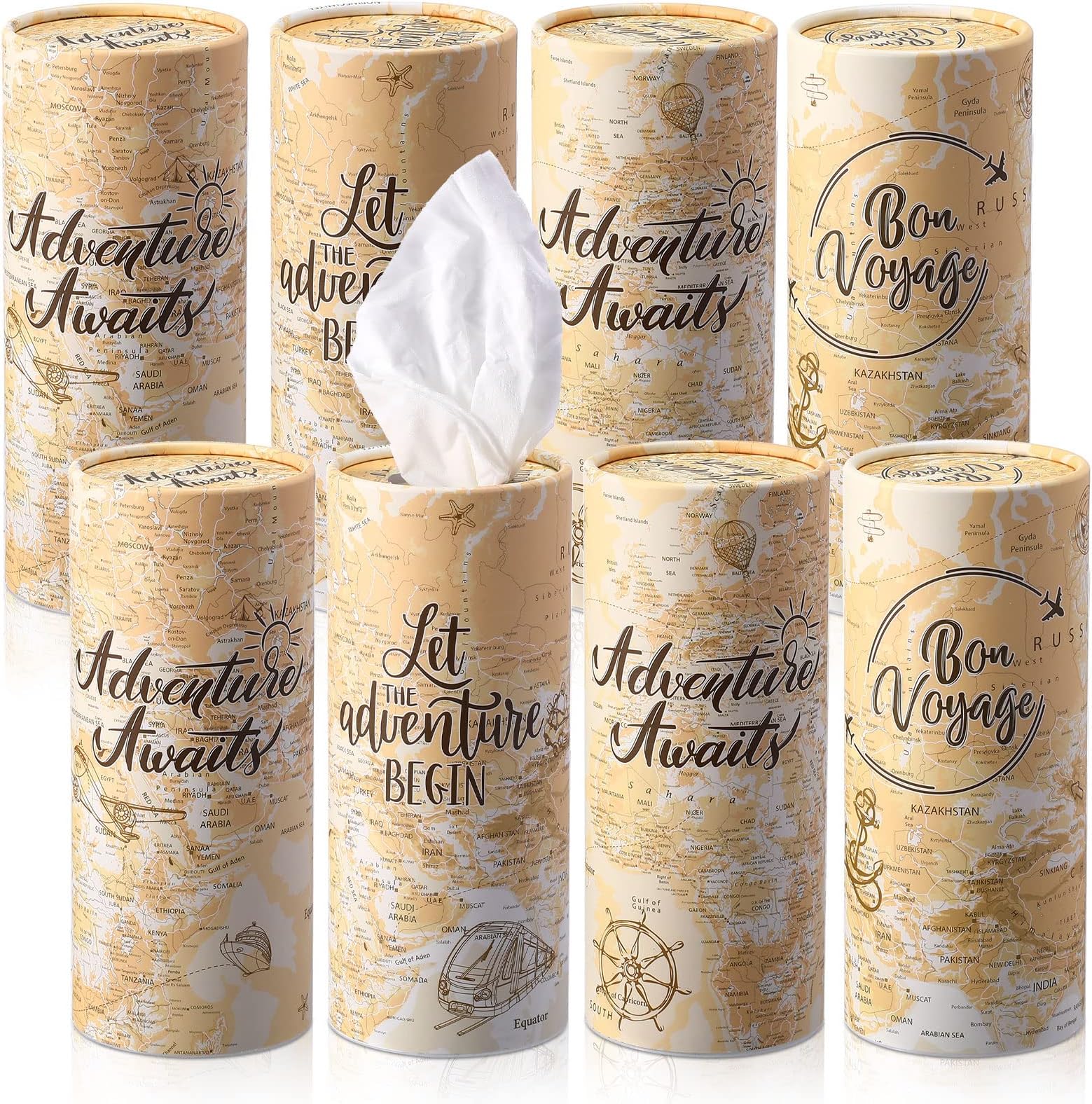 Blulu 8 Pcs Car Tissues Cylinder Tissues Cube Box Holder Boho Moon Car Facial Tissue Napkins Round Disposable Tissues Boxes for Car Cup Holder Napkin Container for Travel Party Adventure (Map)