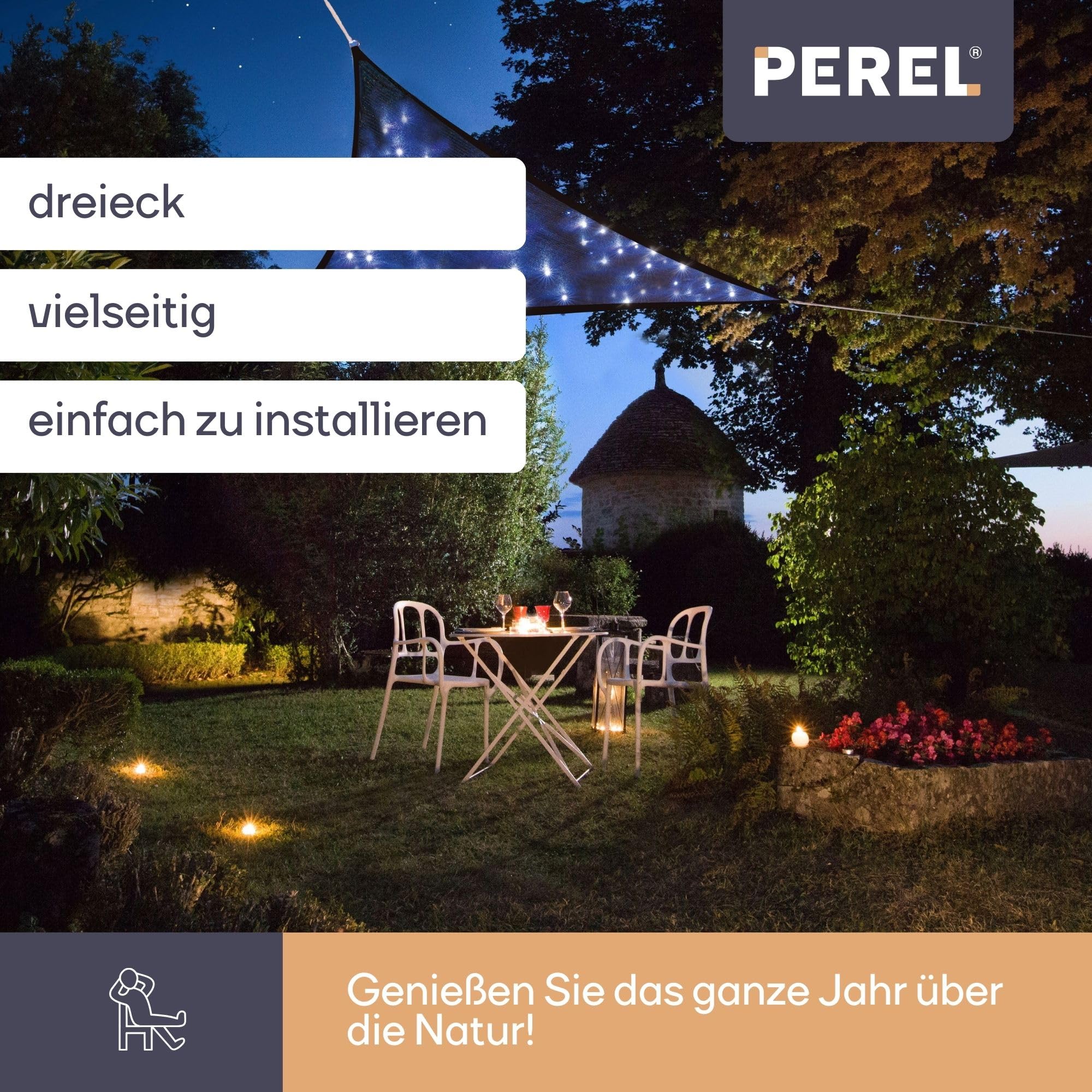 Perel Dreieckiges Sonnensegel mit 100 LEDs Sternenhimmel, atmungsaktives HDPE, wasserdurchlässig, UV-Schutz 90%, 3.6 x 3.6 x 3.6 m Solar LED Beleuchtung, Shade Sail für Garten und Terrasse