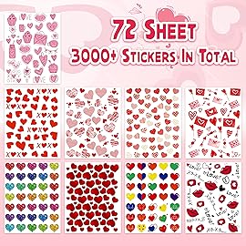 LINAYE Valentine Heart Stickers for Kids - 3000PCS Cute Love Stickers 72 Sheets for Cards, Envelopes, Craft, Scrapbooking - Party Supplies Favors for Girls Boys