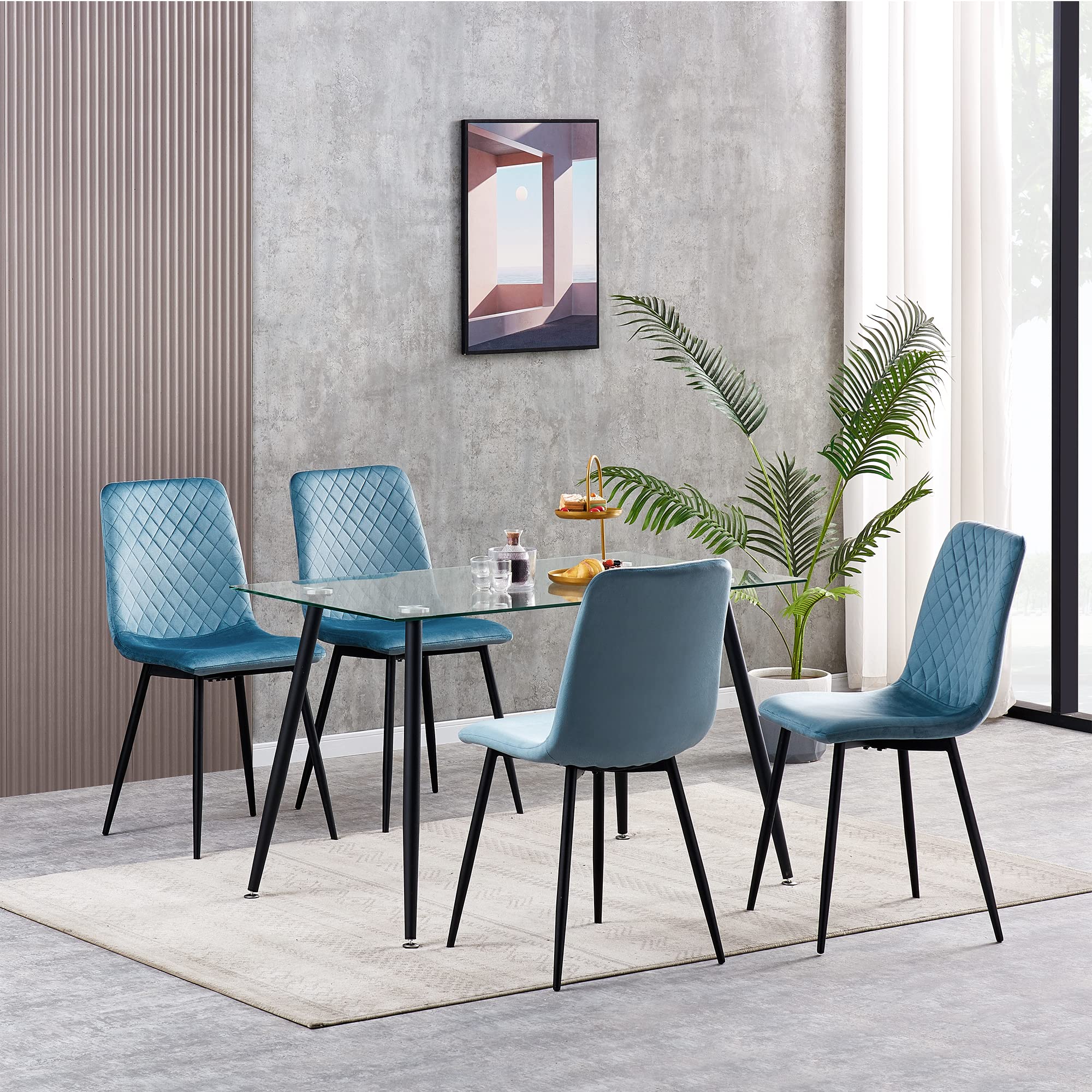 mcc direct Set di 4 sedie per sala da pranzo in velluto design, piedi in metallo, sedie Lexi (Blu chiaro)