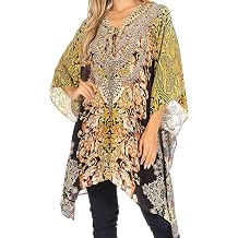 Sakkas Aymee Womens Caftan Poncho Cover up V Neck Top Lace up with Rhinestone