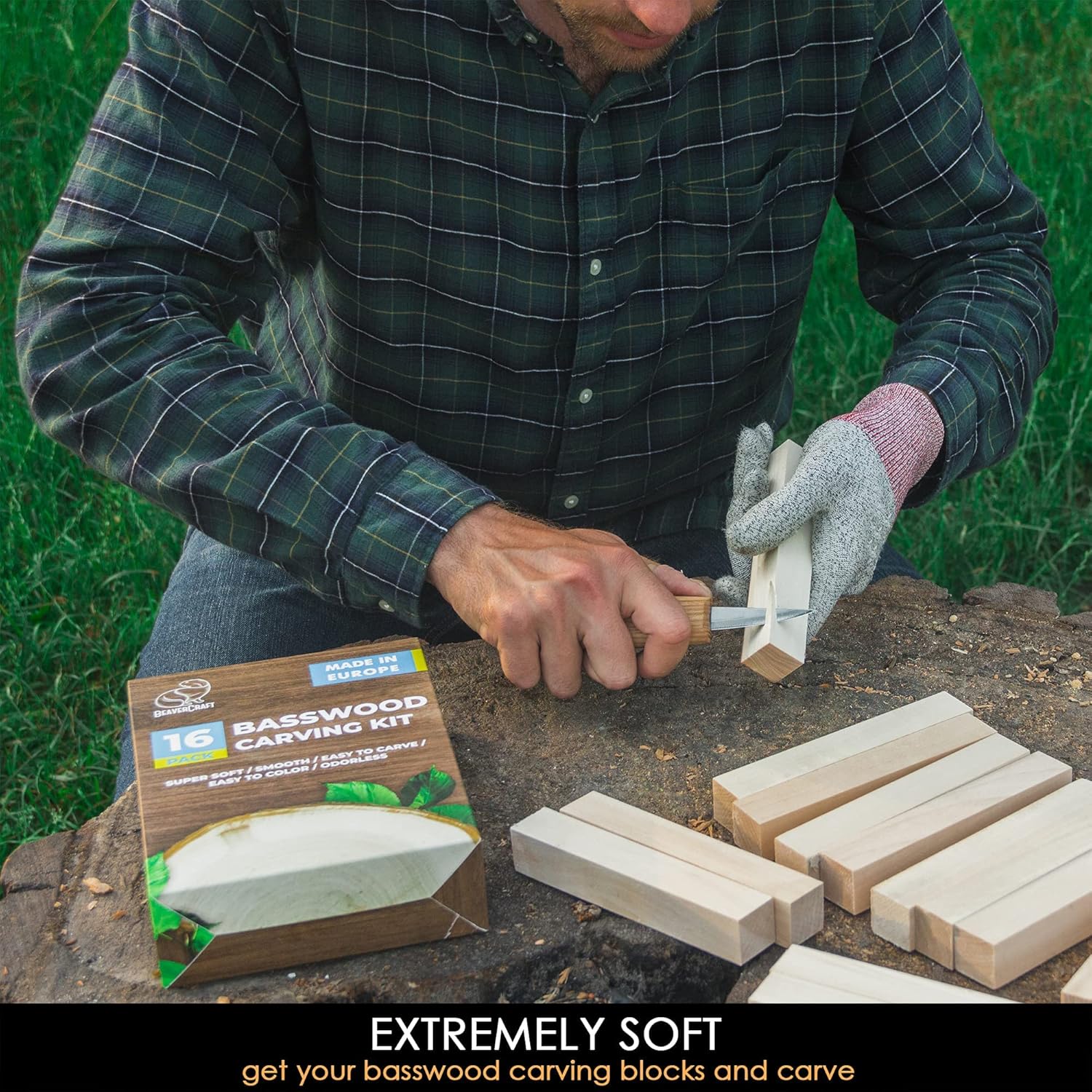 BeaverCraft Deluxe Wood Carving Knives Set with Leather Case S15X Premium Wood Carving Tools - Soft Basswood Carving Blocks BW 16pcs Whittling Kit