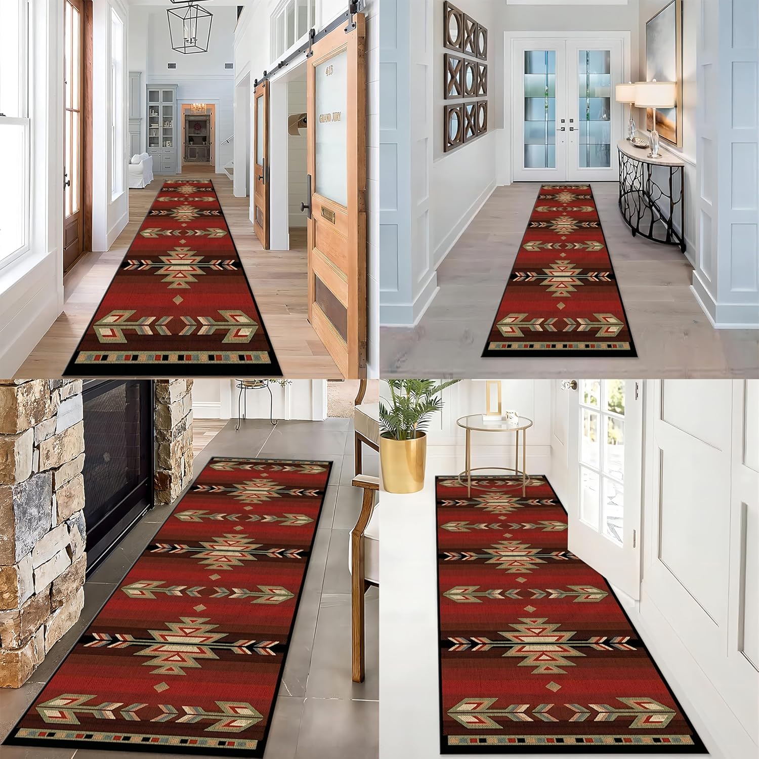 Southwest Runner Rug,2x6ft,Aztec Series Rug, Bohemian Rug for Living Room Bedroom, Machine Washable Indoor Non-Slip Rug for Entrance Kitchen Hallway, Black, Red, Ivory, Green.