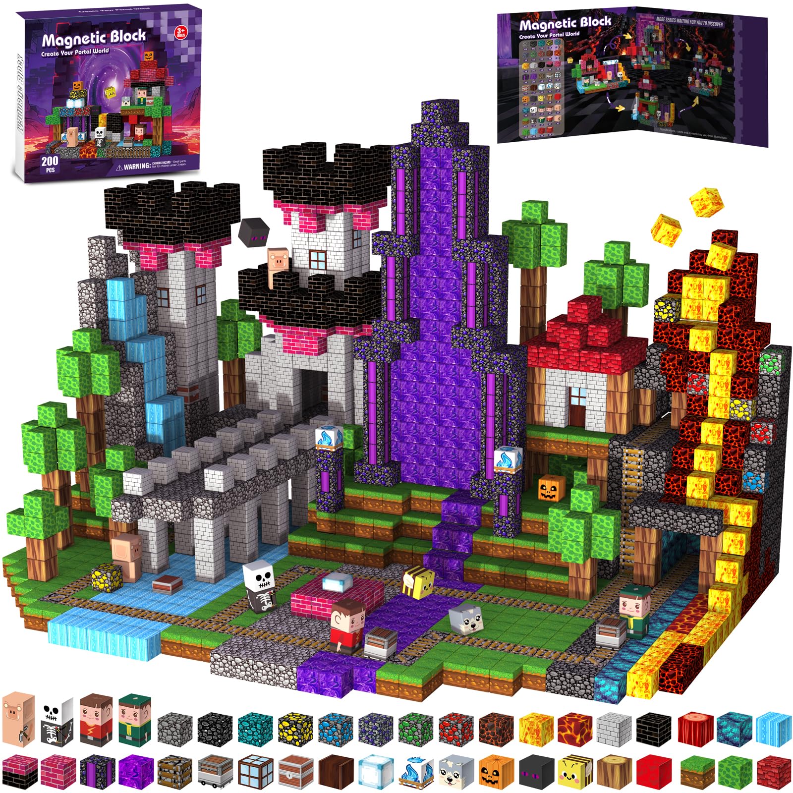 Gryxpox Magnetic Blocks,200pcs Magnetic Building Blocks, Magnet Tiles with Ice Castle World Blocks Set Toy,Build Mine Magnet World Toy (Lava World-Portal)