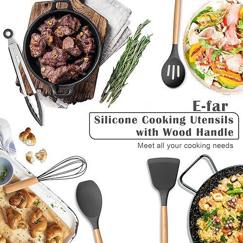 Miniatura 7 de E-far Juego de utensilios de cocina de silicona gris, juego de utensilios de cocina de 10 piezas con mango de madera para utensilios de cocina