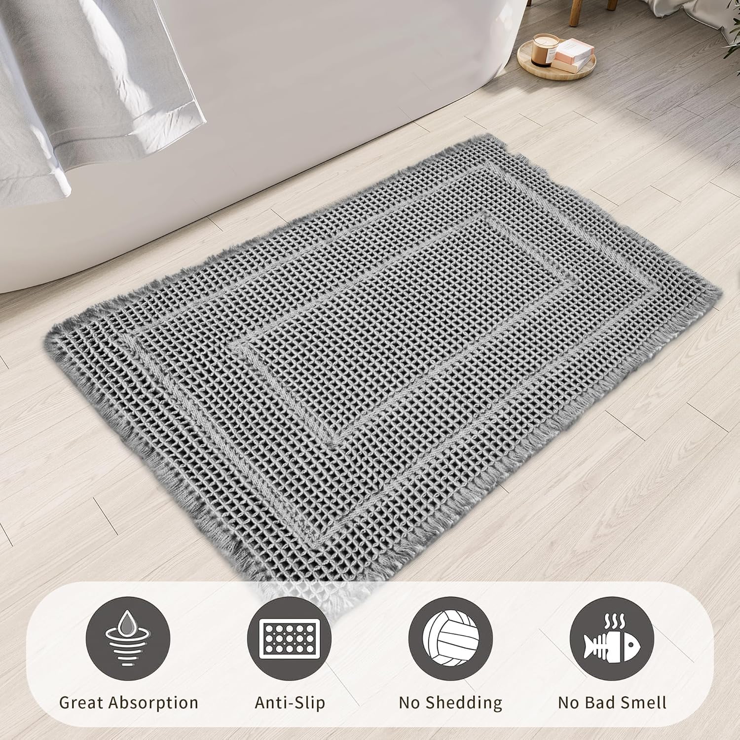 Bath Mats for Bathroom Non Slip,Waffle Luxury Bath Mat,Machine Washable Bath Mat for Shower,Ultra Soft Bathmat,Gray,17" x 24" - Image 3
