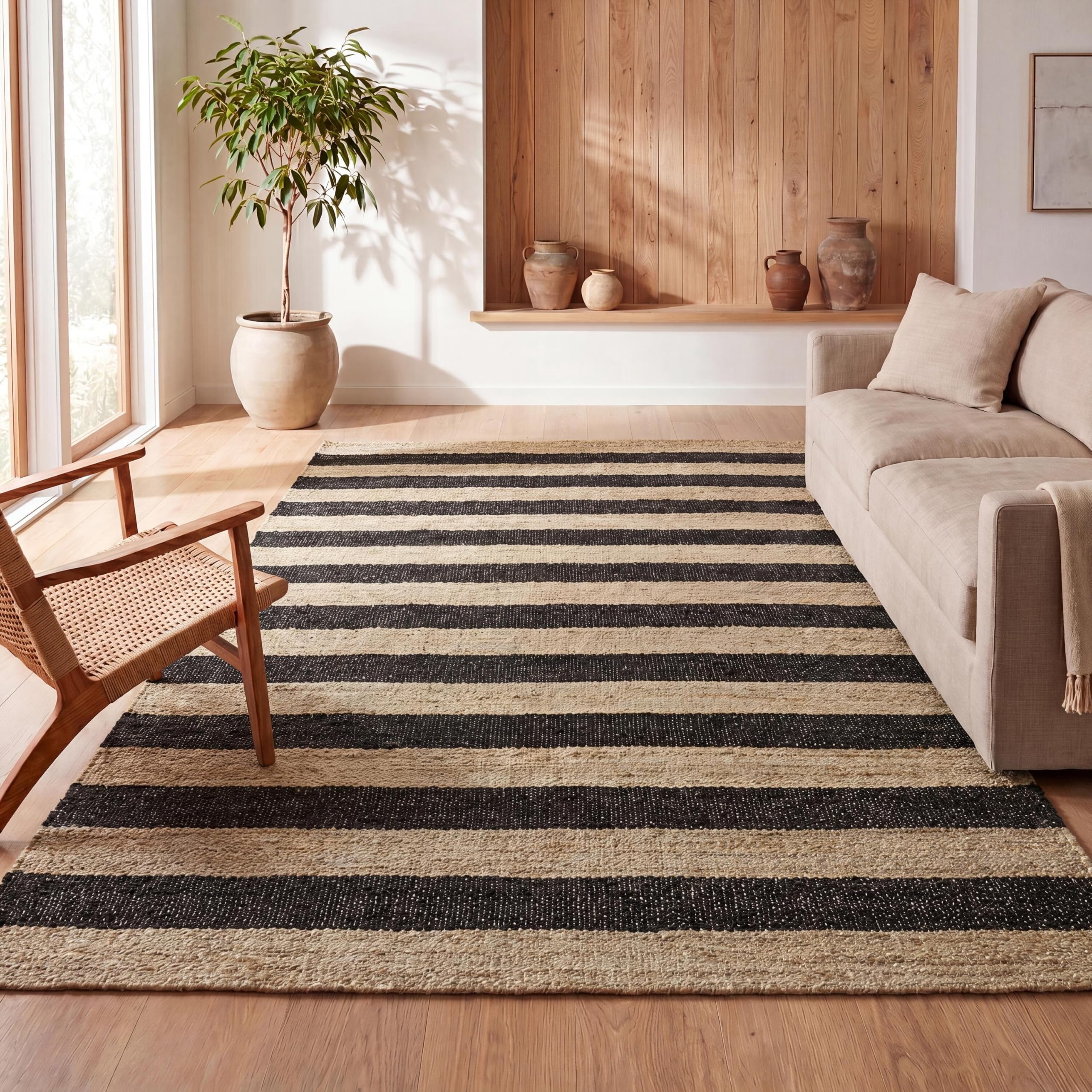 JONATHAN Y Jayden Woven Jute Stripe Natural/Black Indoor Area Rug, 5x8, Rustic, Farmhouse, Traditional, Lodge, Easy-Cleaning for Living Room, Bedroom,