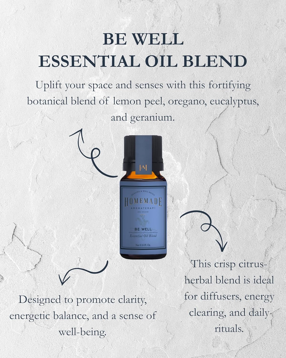 HMA | Be Well Aromatic Oil Blend – with Lemon, Oregano, Eucalyptus & Geranium | Pure Essential Oil Blend for Diffusers & Energy Rituals | for Aromatic Use Only | 0.33 FL Oz