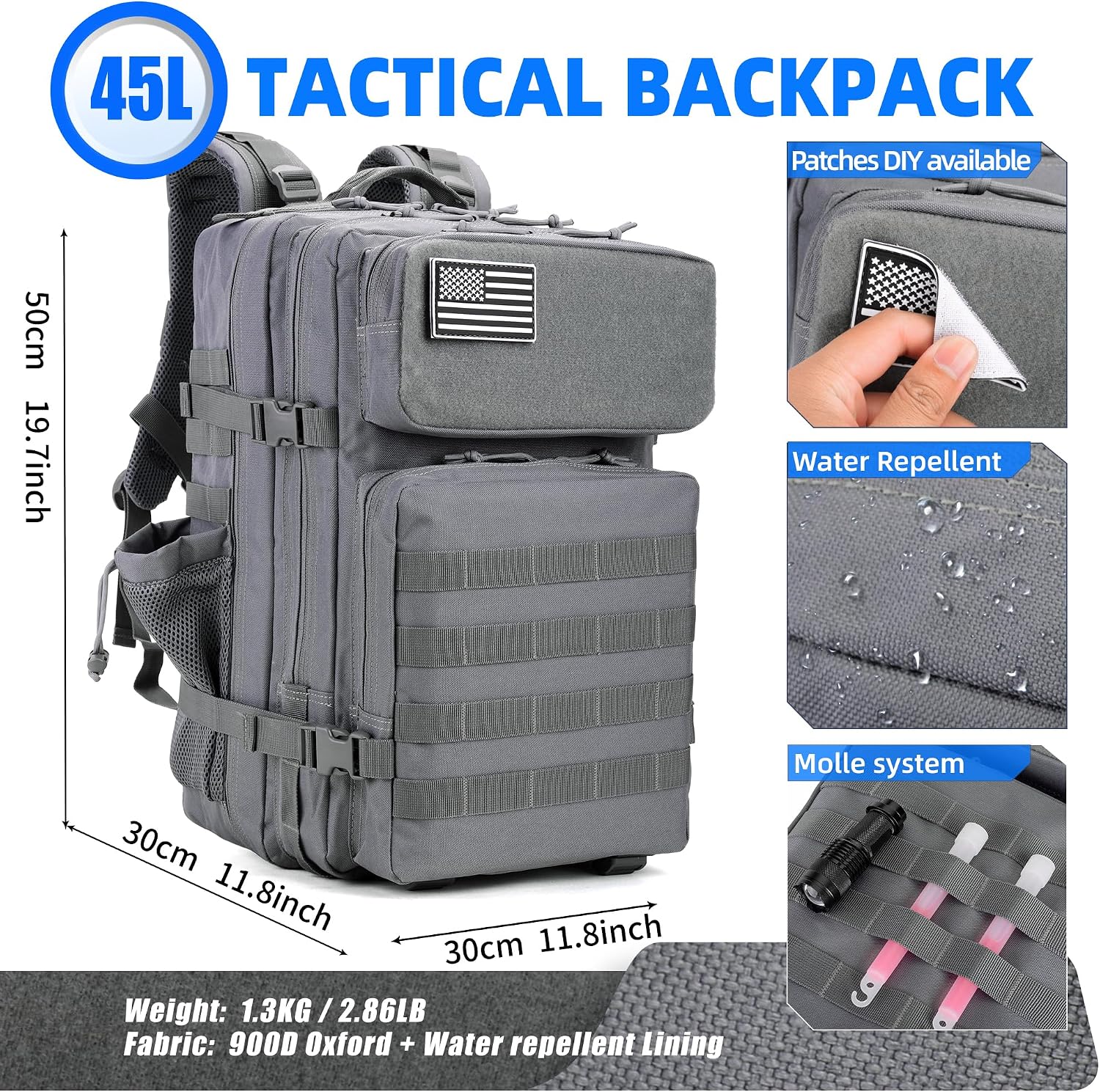 gracedon Tactical Backpack for Men 3 Day Rucksacks for Trekking Camping (grey)