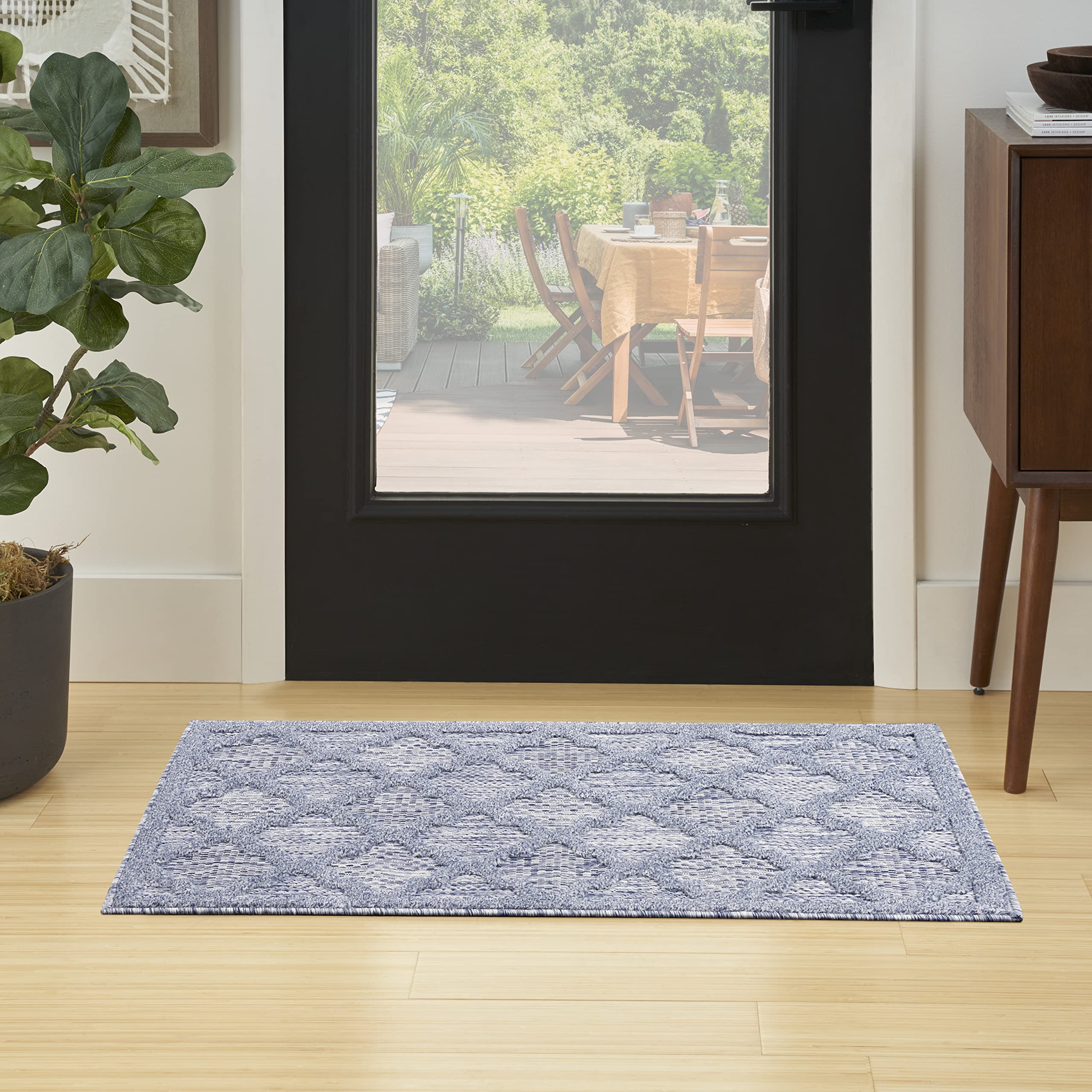 Nourison Easy Care Moroccan Denim Blue Area-Rug, Trellis, Easy-Cleaning, Non Shedding, Bed Room, Living Room, Dining Room, Backyard, Deck, Patio (Similar Image)