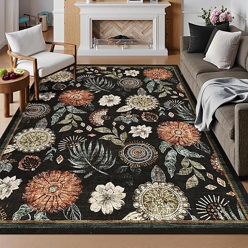 GarveeHome 5x7 Floral Washable Area Rug: Large Living Room Area Rug with Non-Slip Backing Washable Ultra Soft Bedroom Floral Carpet Indoor Stain Resistant Carpet for Dining Room 5 * 7 ft Black