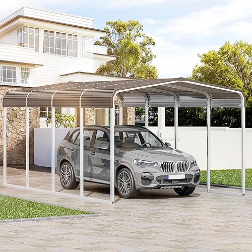 YITAHOME 10 x 15 FT Outdoor Metal Carport, Heavy Duty Carport Canopy for Outside with Metal Roof, Garage Car Shelter Shade for Boats, Car, Truck, Gray