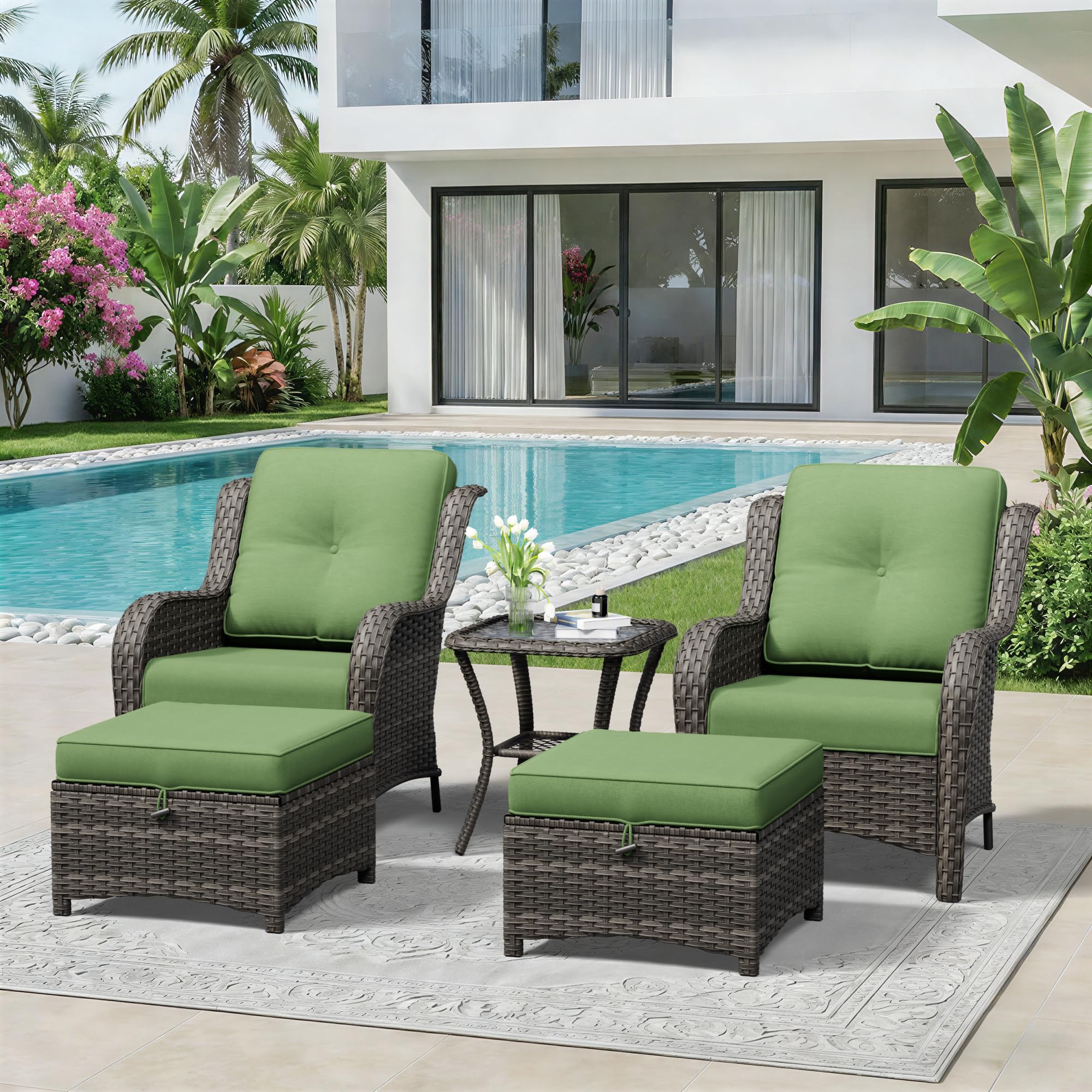 5 Piece Outdoor Wicker Patio Furniture Set, Patio Chairs Set with Thickened Olefin Cushions, High Back and Deep Seating, Hand-Woven PE Rattan, Ottoman for Porch, Deck