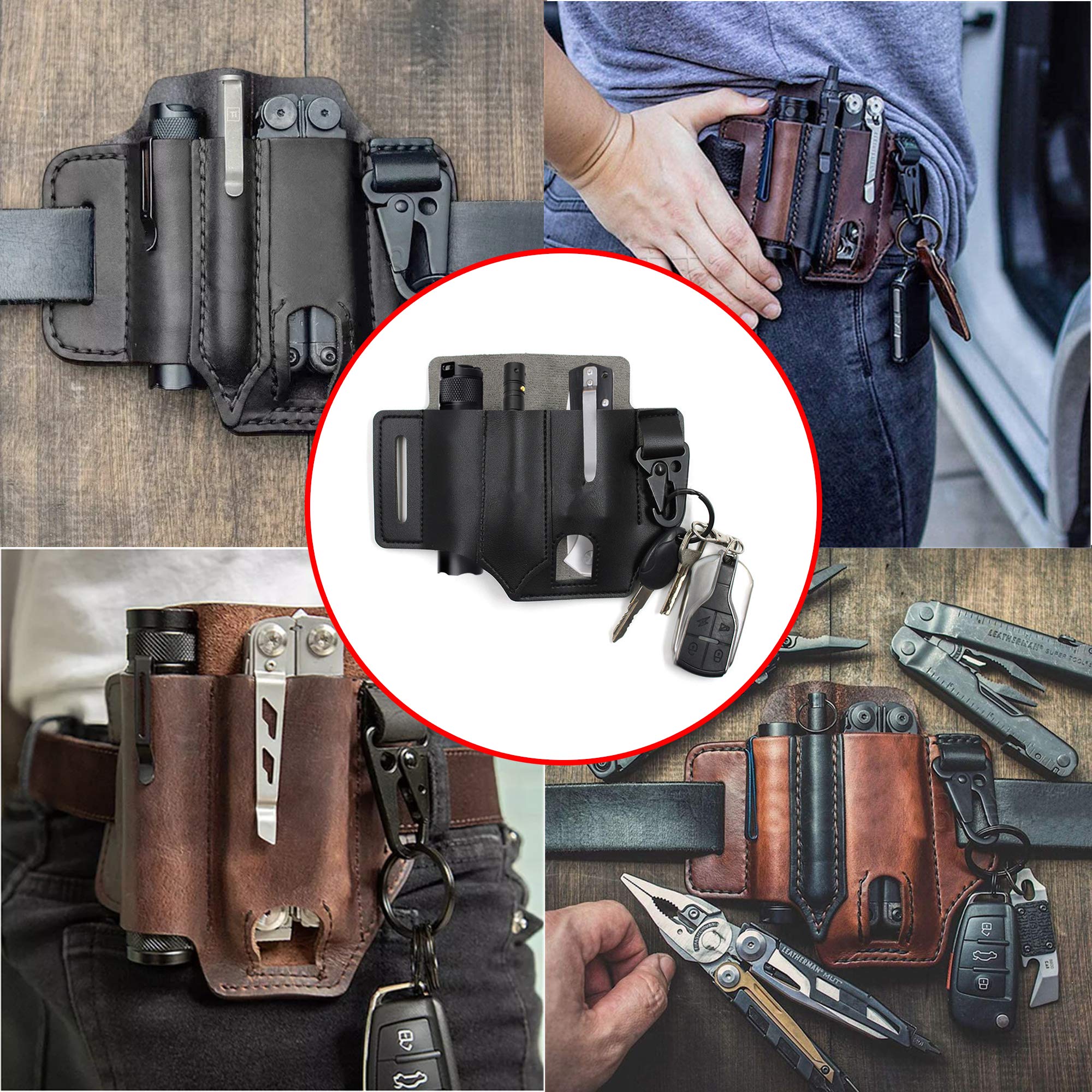 Organisateur de Gaine en Cuir EDC, Gaine Multifonction Taille Boucle de Ceinture avec Porte-clés, Organisateur de Poche avec Porte-Stylo, Gaine de Lampe de Poche, Outils de Camping en Plein air