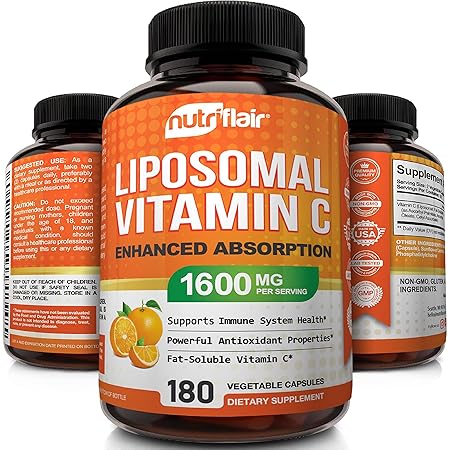 NutriFlair Liposomal Vitamin C 1600mg, 180 Capsules - High Absorption, Fat Soluble VIT C, Antioxidant Supplement, Higher Bioavailability Immune System Support & Collagen Booster, Non-GMO, Vegan Pills