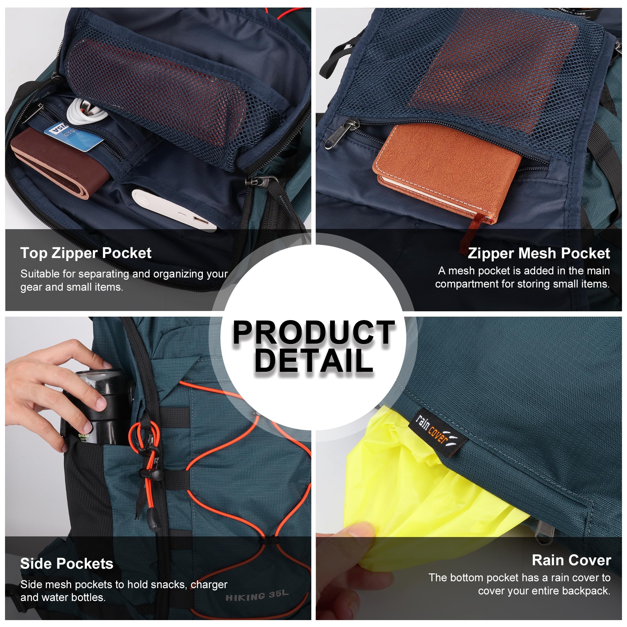 Mountaintop 35L Wanderrucksack Herren Damen Reiserucksack Trekkingrucksack Outdoor Rucksäcke mit Regenhülle für Camping Wandern Radfahren Tagesausflüge, 55x30x18cm