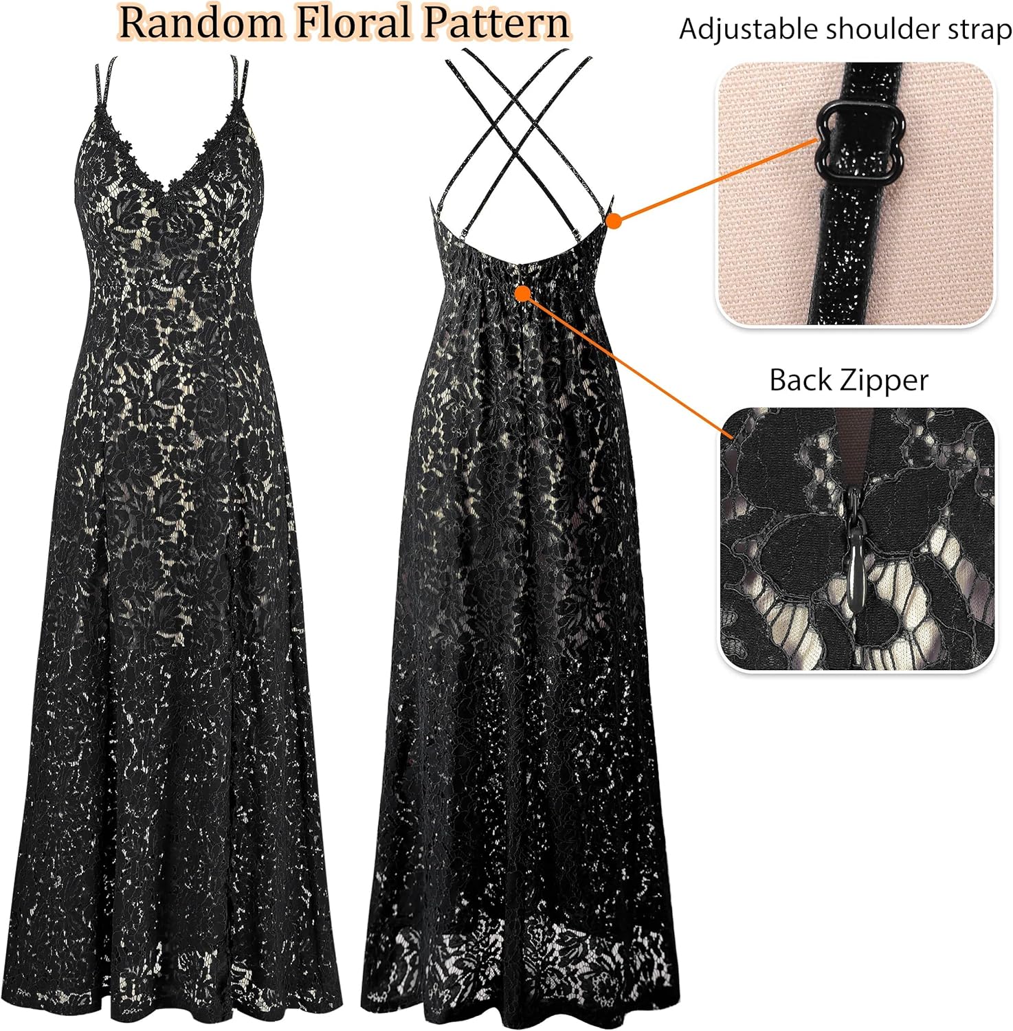 VFSHOW Womens Sexy V Neck Floral Lace Formal Prom High Slit Maxi Dress 2023 Spaghetti Strap Wedding Guest Evening Long Gown - Image 4