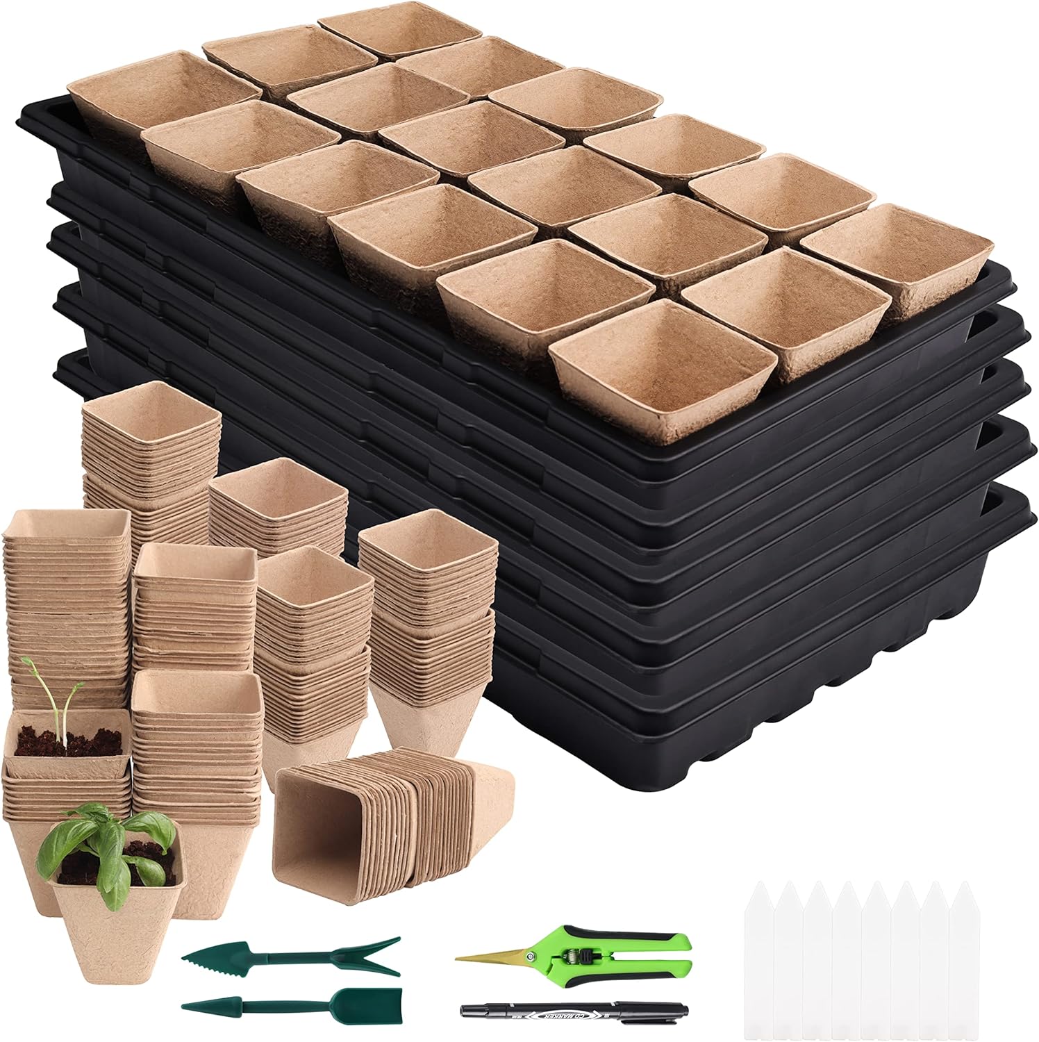LUVCOSY Seed Starter Kit, 5 Pack 1020 Planting Trays + 300 Biodegradable 3inch Peat