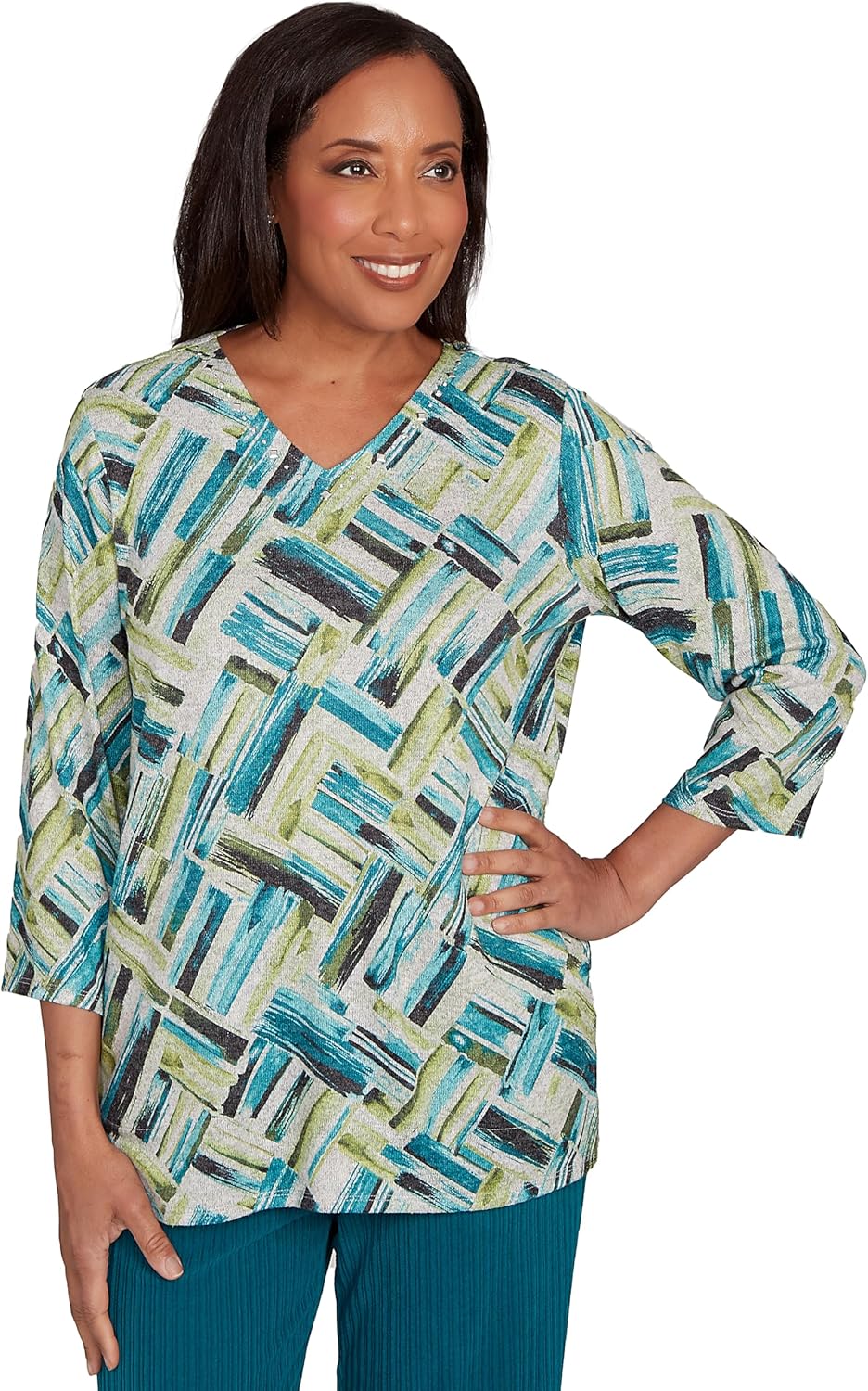 Detailed V Neck Brushstroke Top