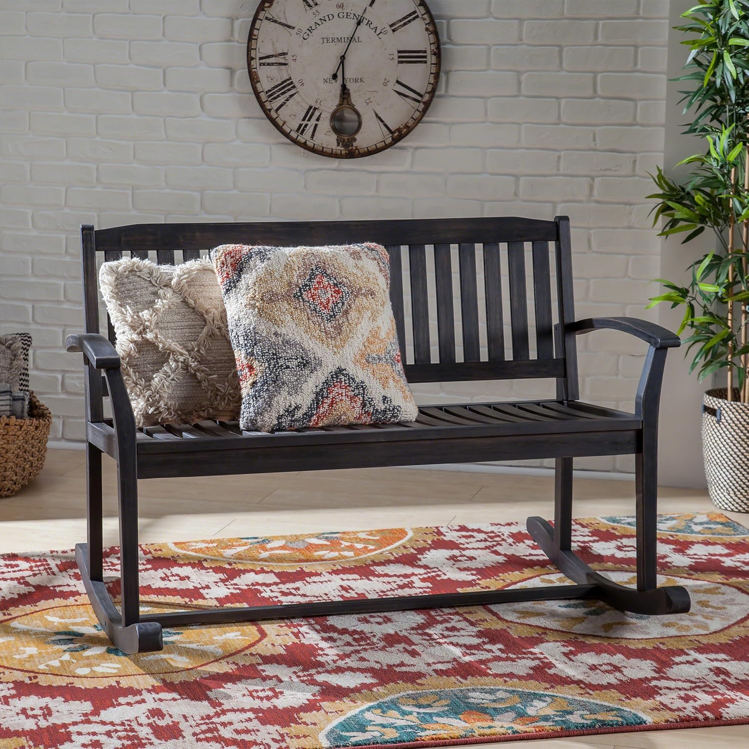 Double Rocking Chair - Wooden Rocking Chair with Armrest and Back, Rocking Loveseat with Wood Frame, Patio Rocking Chair for Outdoor, Porch, Patio, Or Backyard (Dark Grey)