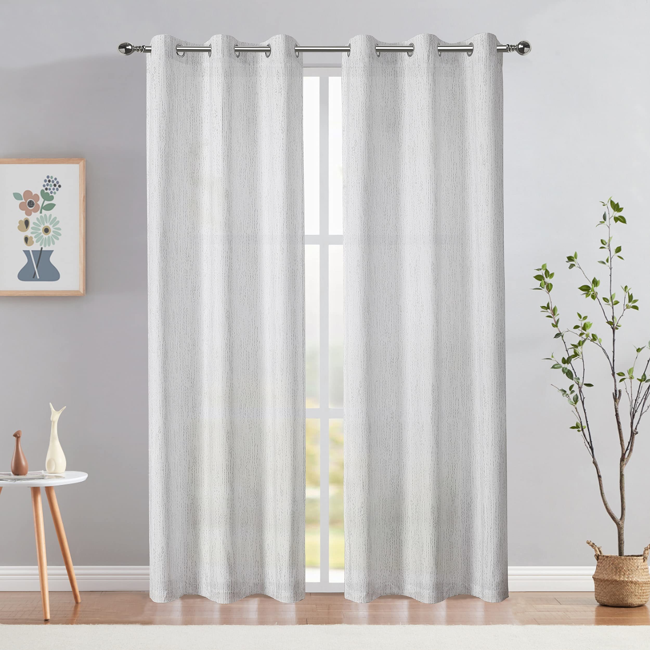 Bapawfish Silver Foil Print White Striped Semi Sheer Curtain Drapes, Rain Stripe Pattern, 95 Inches Long Grommet Top Window Curtain Panels for Bedroom, Living Room, 42" x 95", Set of 2 Panels