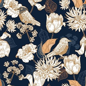 VaryStyle Vintage Floral Peel and Stick Wallpaper Navy Blue/Gold Birds Floral Wallpaper 17.7"x118" Self Adhesive Removable Vinyl Wall Mural Nature Patterned Contact Paper for Cabinets Bedroom Bathroom