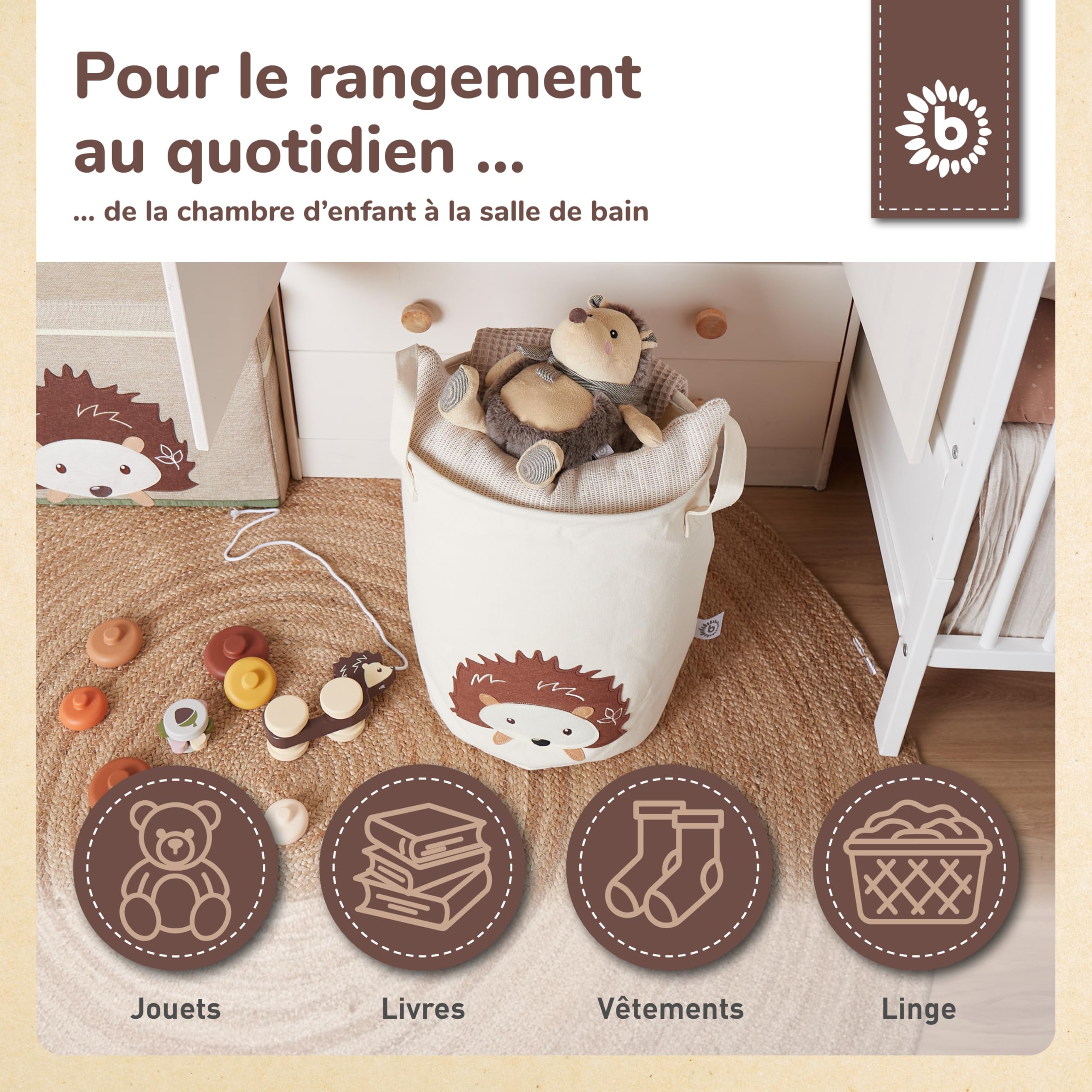 Bieco Panier à linge pour bébé hérisson | Grand panier de rangement pour enfants en coton et imperméable | Rangement pour chambre d'enfant | Panier de jouets pour filles