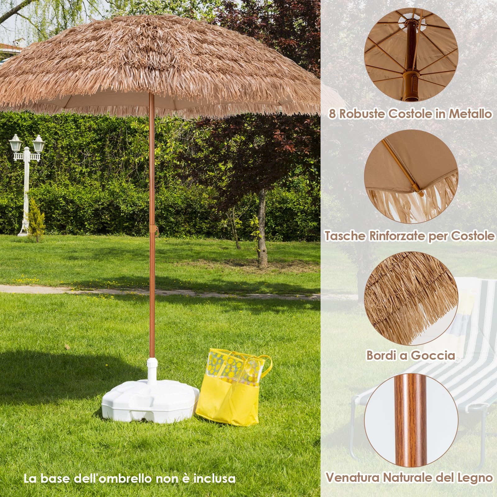 RELAX4LIFE Ombrellone da Spiaggia 200cm, Parasole Hawaiano in Paglia Simulata, Palo, Ideale per Spiaggio, Giardino e Balcone (205 cm)