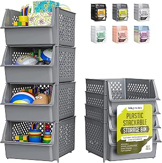 Skywin TidyFriend Stackable Storage Bins for Closet Organizers and Storage 4 Pack, Garage Storage Bin Stackable, Bathroom and Garage Organizer (Grey)