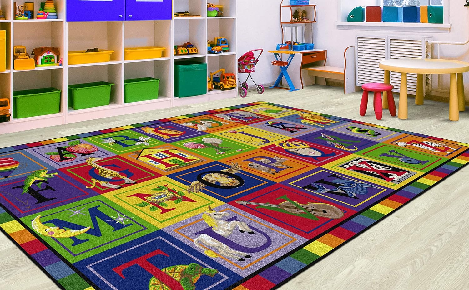 Flagship Carpets ABC Letter Blocks Classroom Educational Area Rug for Kids and Teachers, Durable Quality for Schools, Preschool, Daycare, & Learning Centers, 7'6" x 12', Multi-Color