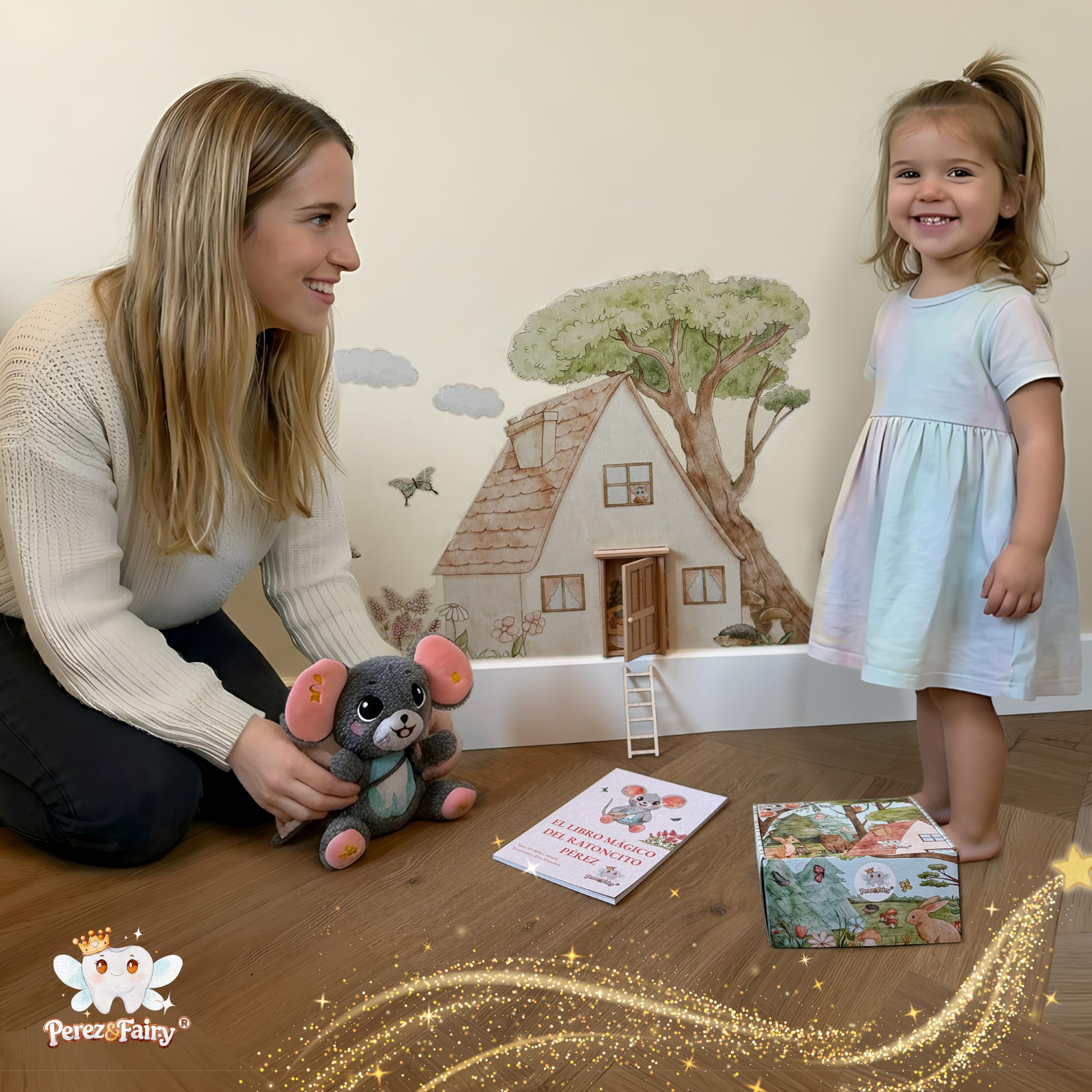 Perez&Fairy Puerta Ratoncito Perez que se Abre | Con Vinilo de Pared, Escalera de Madera y Peluche Raton Pequeño | Kit Casita Ratoncito Perez con Libro de Cuentos y Certificado | Regalo Niño y Niña