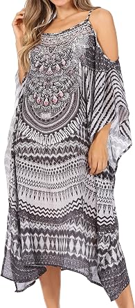 Sakkas Amaya Loose Fit Long Printed Strappy Cutout Shoulder Boat Neck Kaftan Dress