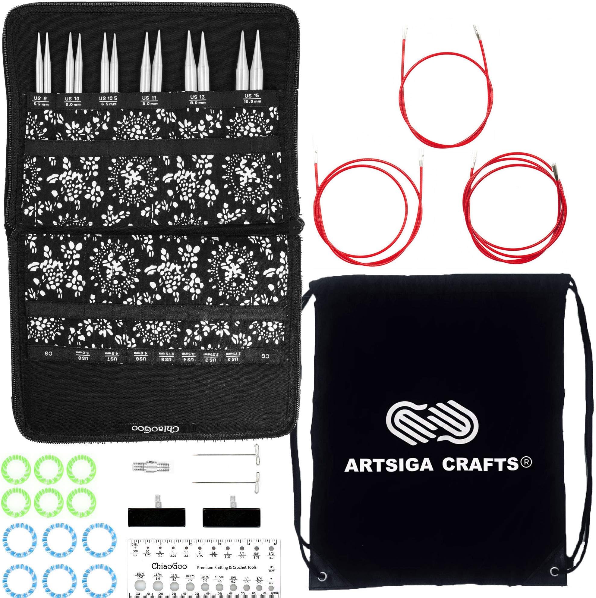 ChiaoGooTwist Red Lace 5-Inch Large 7500-L Interchangeable Circular Knitting Needle Set, Sizes US 9, 10, 10.5, 11, 13, 15, Stainless Steel with 3 Cords Bundle with 1 Artsiga Crafts Project Bag