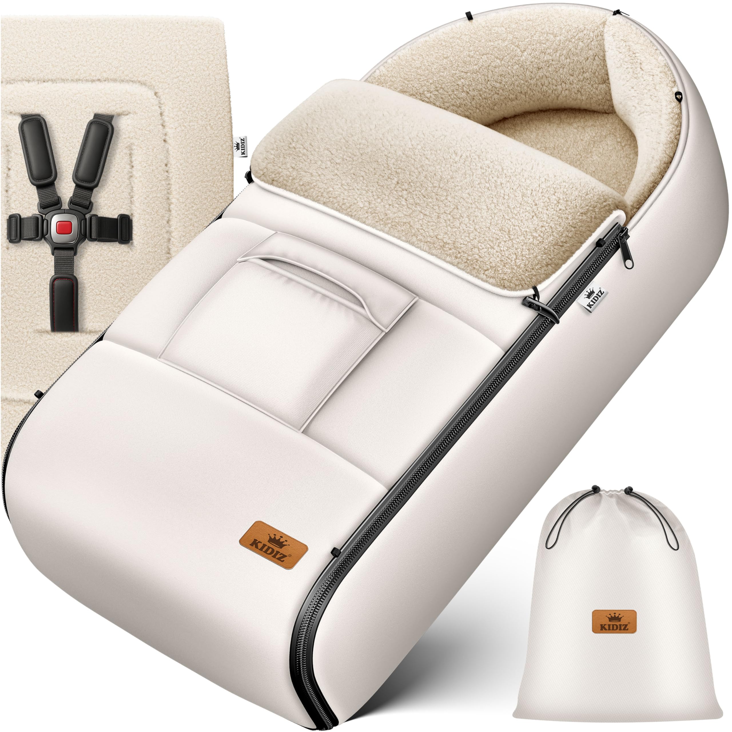 Kidiz® Babyfußsack Winterfußsack Kinderwagen, Universal Fußsack Buggy/Babyschale mit Lammfleece, 3- & 5-Punkt-Gurt, wasserdicht, winddicht, Reißverschluss, Baby Kuschelsack Winter, waschbar, Beige
