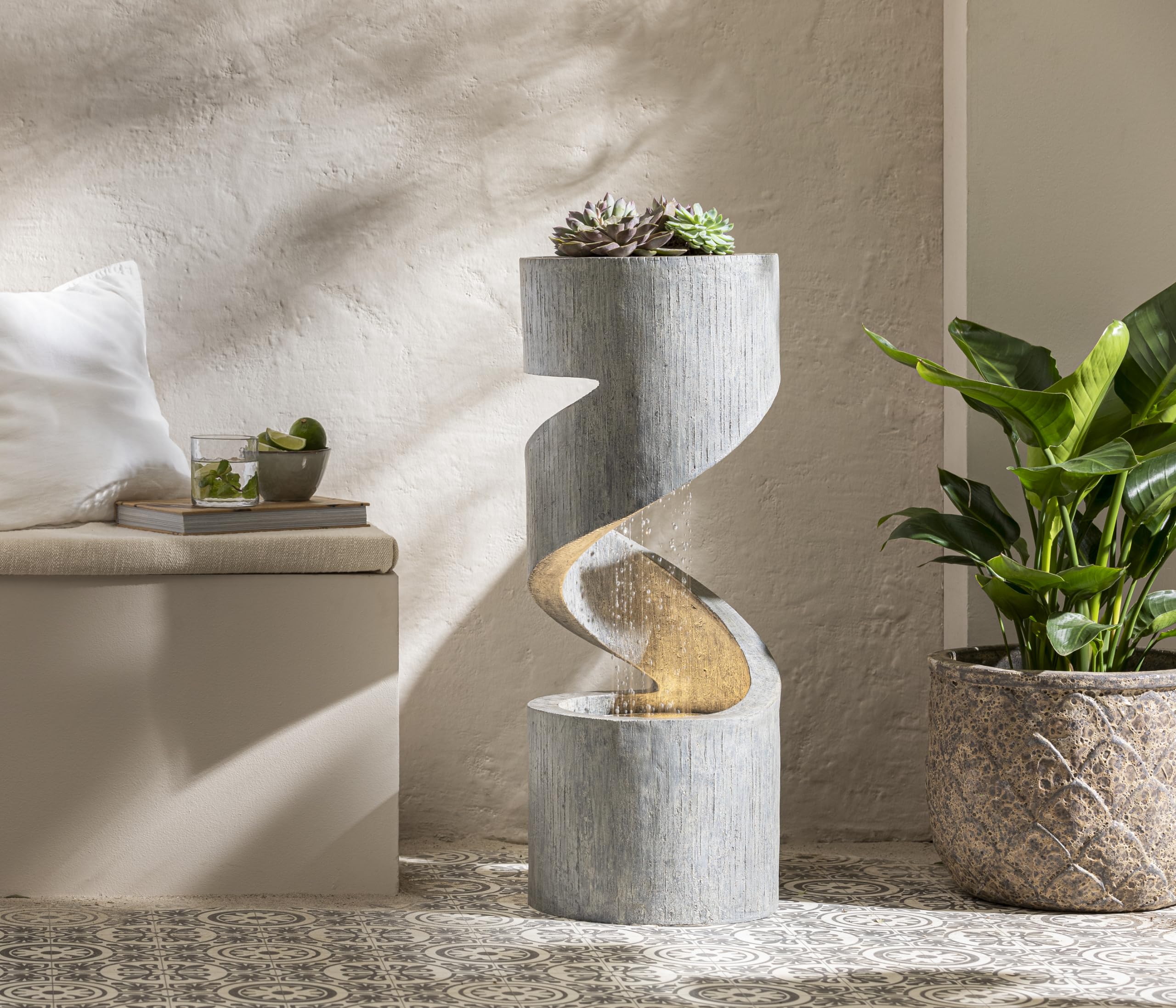 Dehner Gartenbrunnen Ronda, mit LED Beleuchtung, frostbeständig, solarfähiger Brunnen für Außen, 79.5 x 31.5 x 31.5 cm, Polyresin, grau